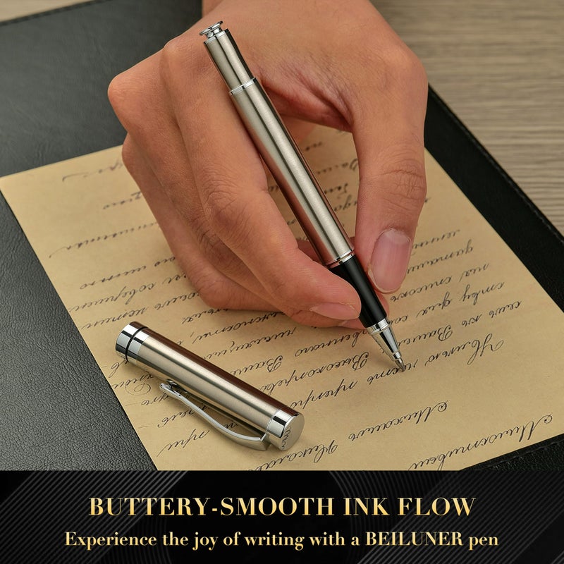 BEILUNER Silver Ballpoint Pens, Stainless Steel Body, Smooth Writing Experience, Dishwasher Safe, Gift Box with Extra Refill - Image 4